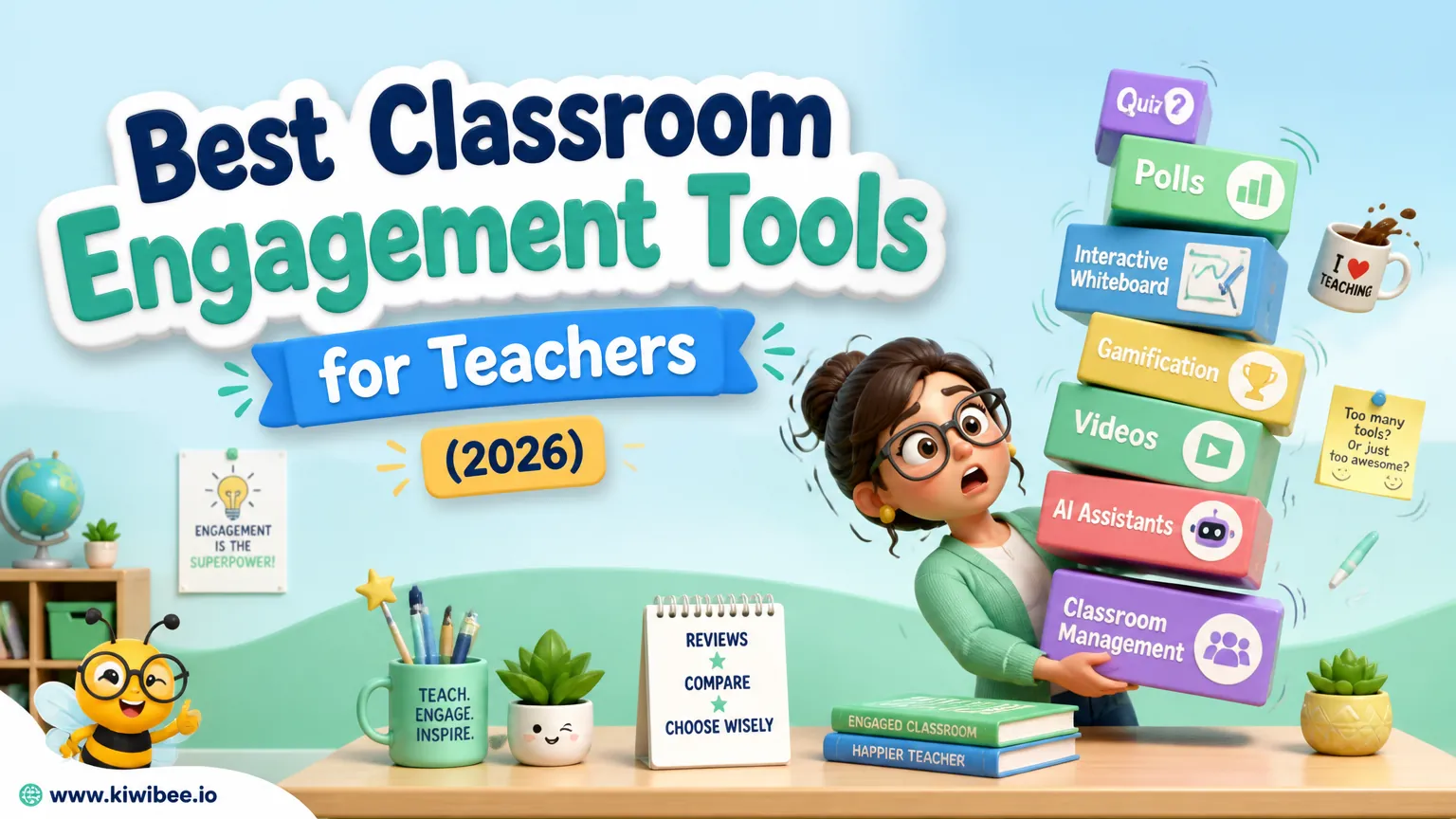 Playful header illustration for the article "Best Classroom Engagement Tools for Teachers (2026)", in KiwiBee's friendly cartoon style with a small bee mascot in the corner.