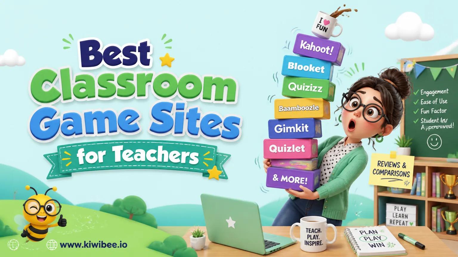Playful header illustration for the article "Best Classroom Game Sites for Teachers in 2026", in KiwiBee's friendly cartoon style with a small bee mascot in the corner.