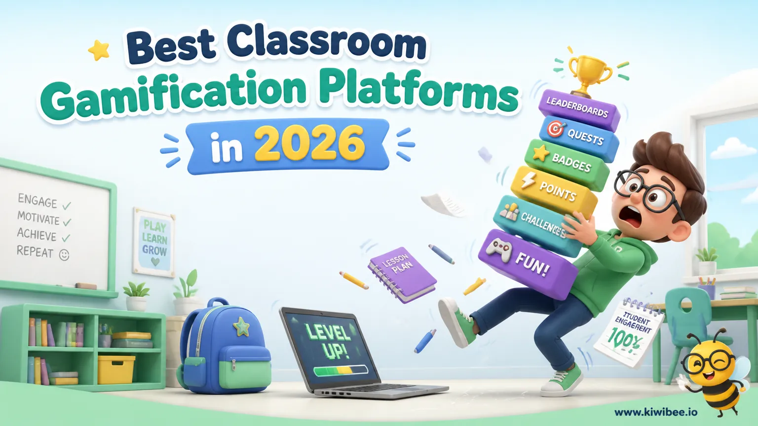 Playful header illustration for the article "Best Classroom Gamification Platforms in 2026", in KiwiBee's friendly cartoon style with a small bee mascot in the corner.