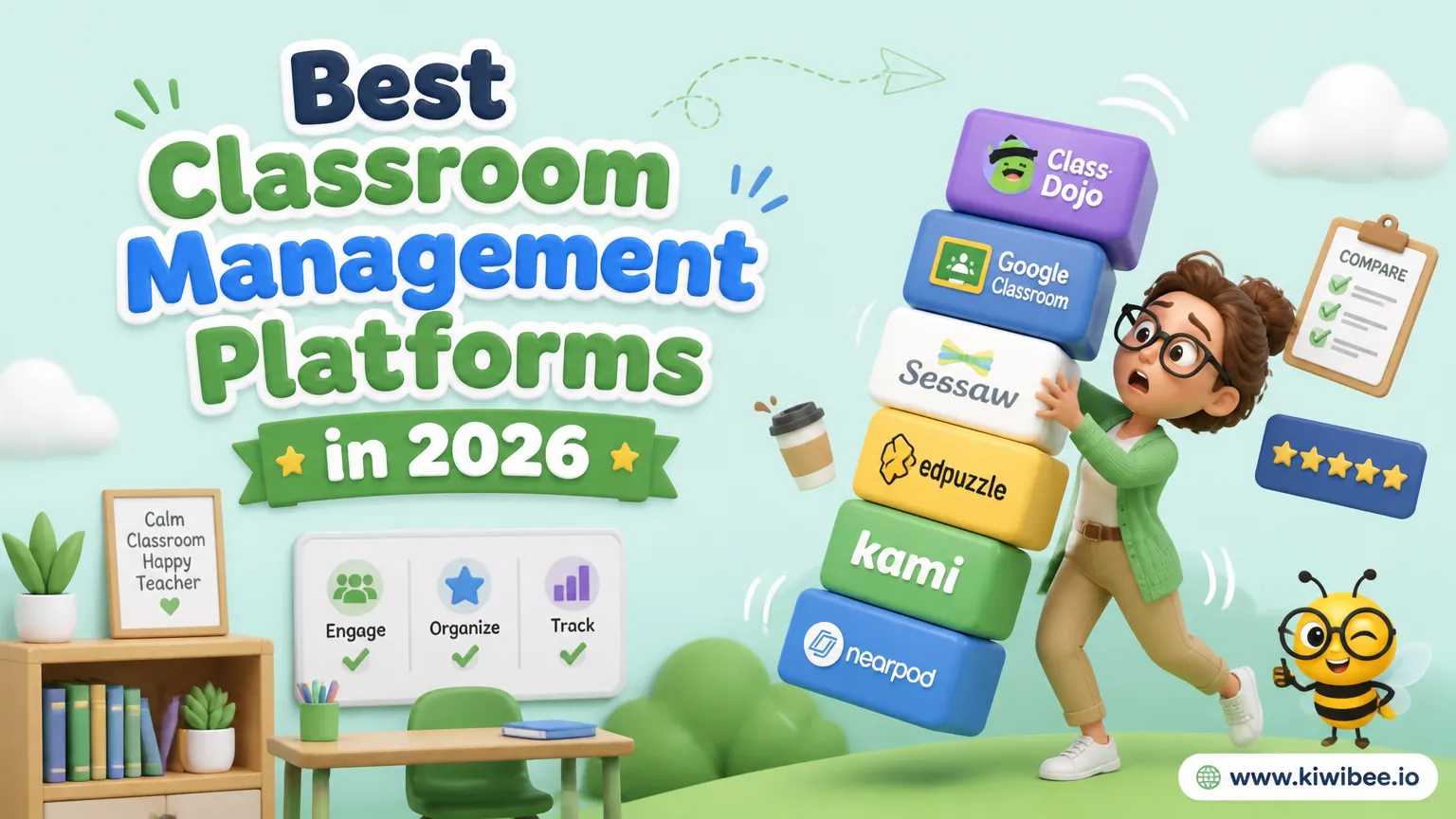 Playful header illustration for the article "Best Classroom Management Platforms in 2026", in KiwiBee's friendly cartoon style with a small bee mascot in the corner.