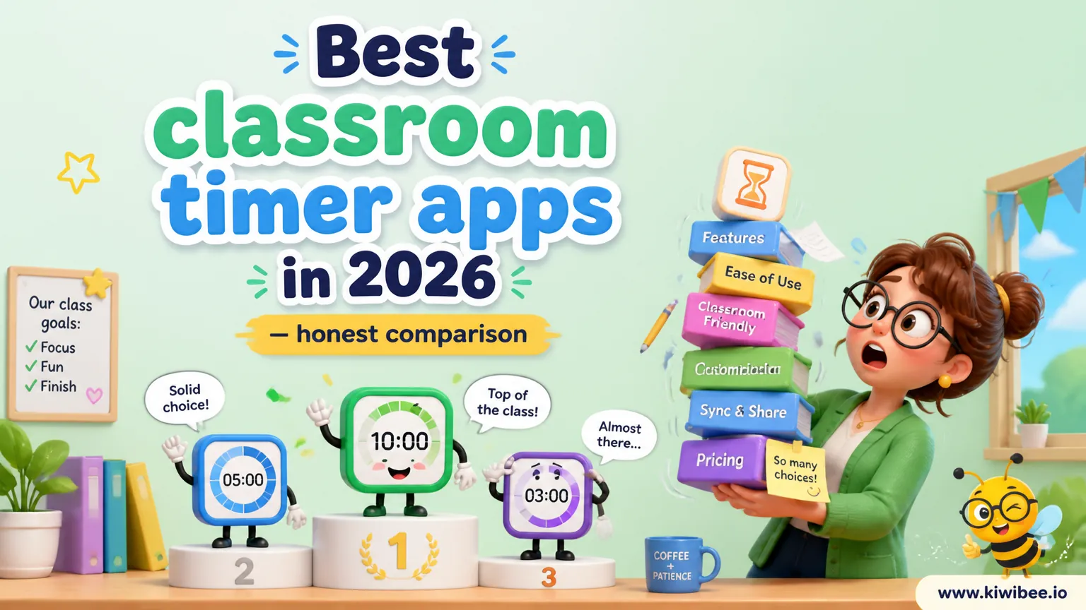 Playful header illustration for the article "Best classroom timer apps in 2026 — honest comparison", in KiwiBee's friendly cartoon style with a small bee mascot in the corner.