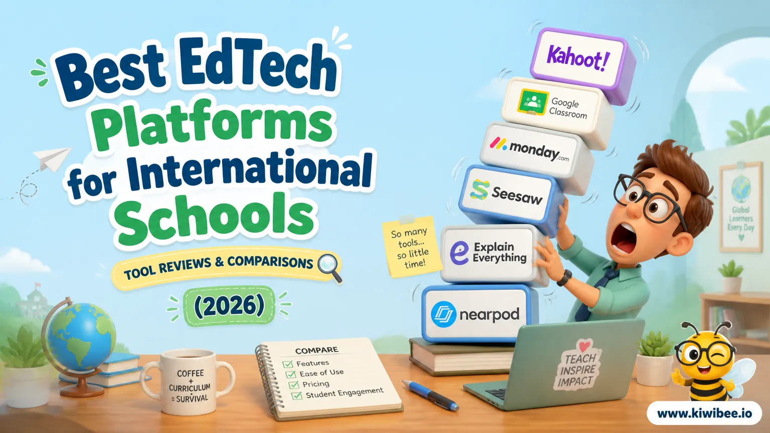 Playful header illustration for the article "Best EdTech Platforms for International Schools (2026)", in KiwiBee's friendly cartoon style with a small bee mascot in the corner.