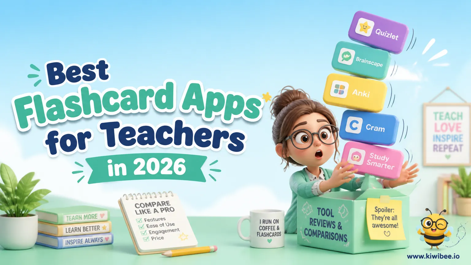 Playful header illustration for the article "Best Flashcard Apps for Teachers in 2026", in KiwiBee's friendly cartoon style with a small bee mascot in the corner.