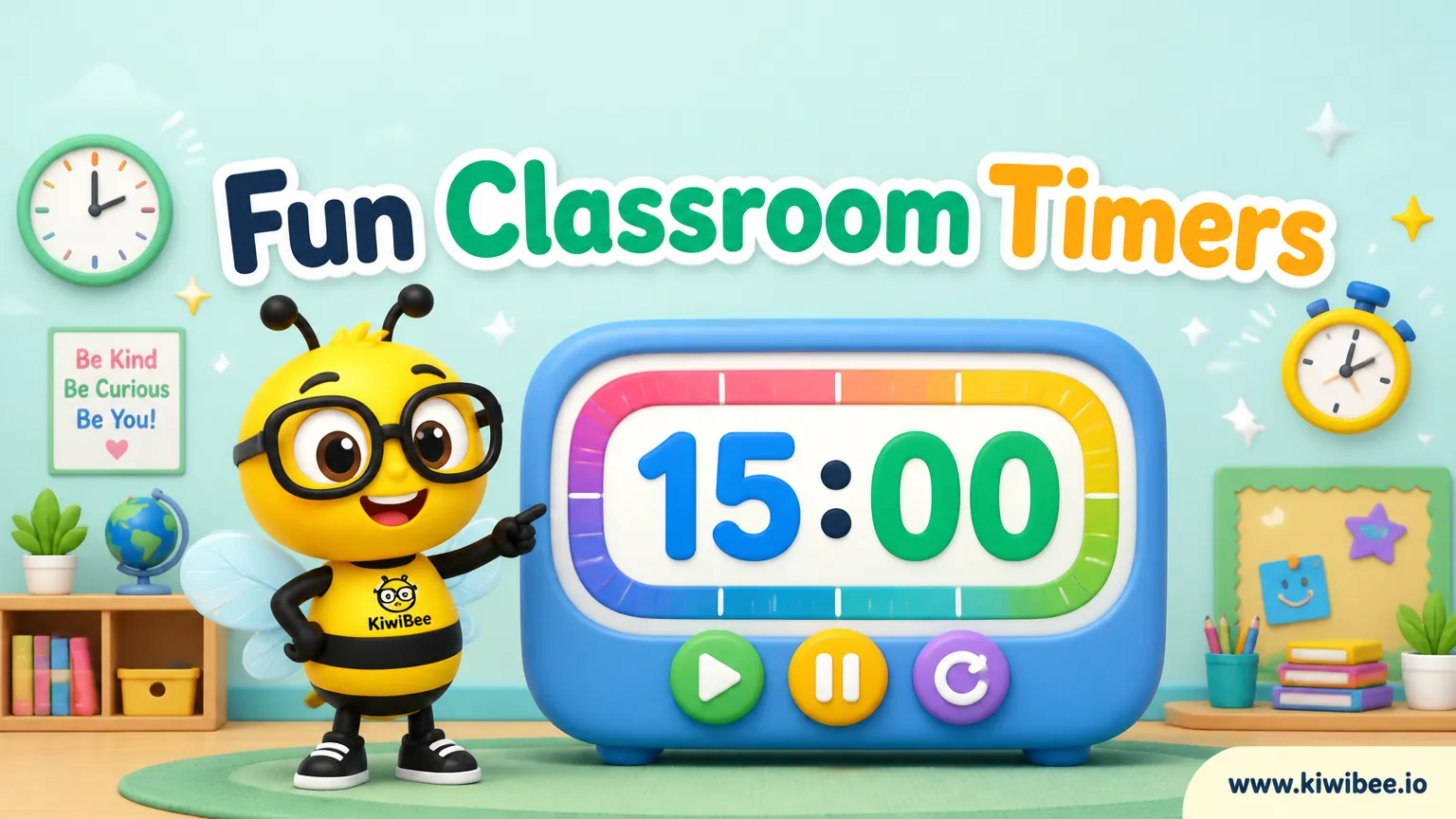 KiwiBee bee mascot beside a colourful classroom countdown timer — header for an article on fun primary-classroom timers.