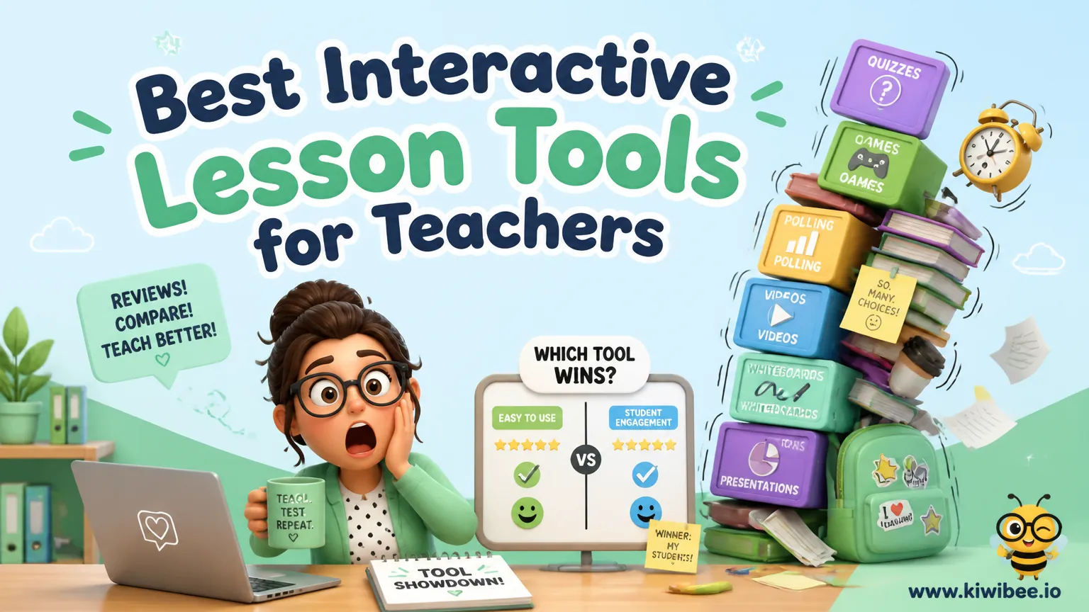 Playful header illustration for the article "Best Interactive Lesson Tools for Teachers in 2026", in KiwiBee's friendly cartoon style with a small bee mascot in the corner.