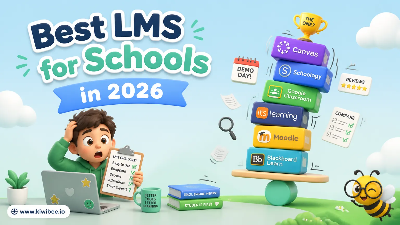 Playful header illustration for the article "Best LMS for Schools in 2026: A Practical Buyer's Guide", in KiwiBee's friendly cartoon style with a small bee mascot in the corner.