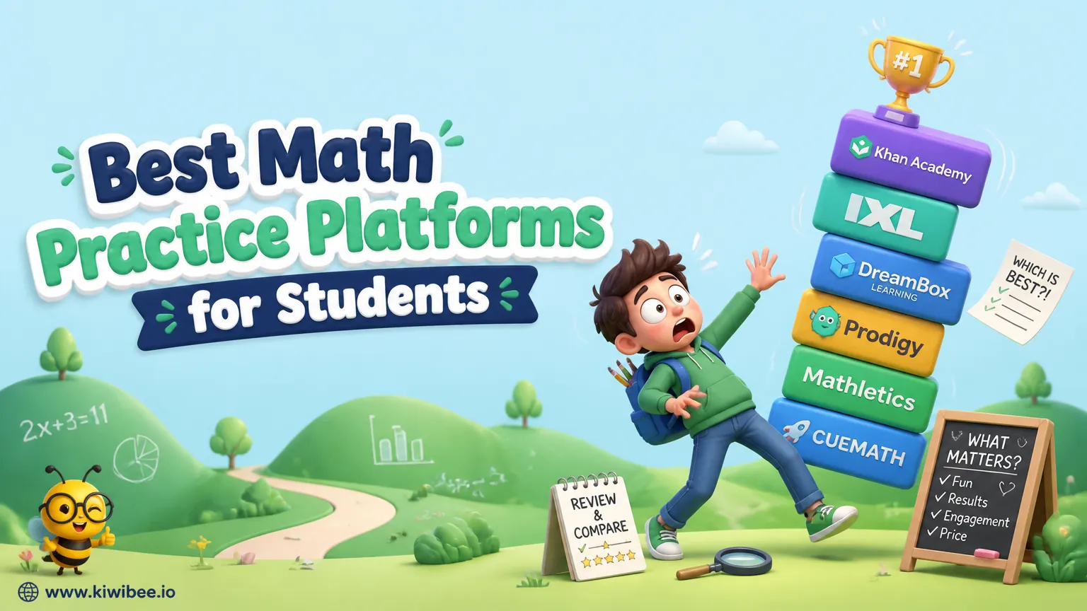 Playful header illustration for the article "Best Math Practice Platforms for Students in 2026", in KiwiBee's friendly cartoon style with a small bee mascot in the corner.