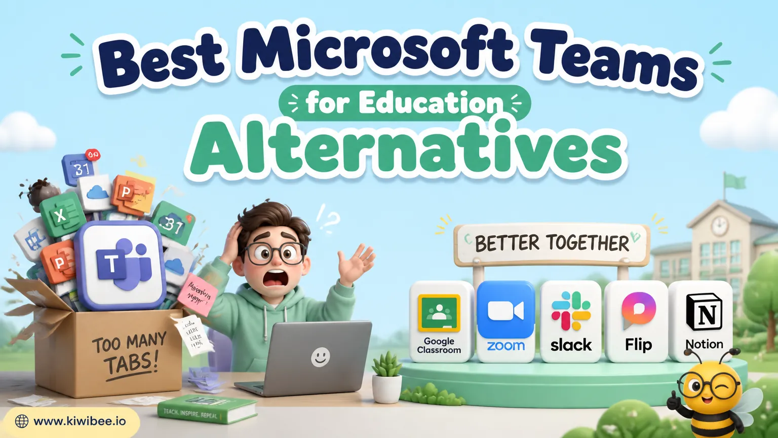 Playful header illustration for the article "Best Microsoft Teams for Education Alternatives (2026)", in KiwiBee's friendly cartoon style with a small bee mascot in the corner.