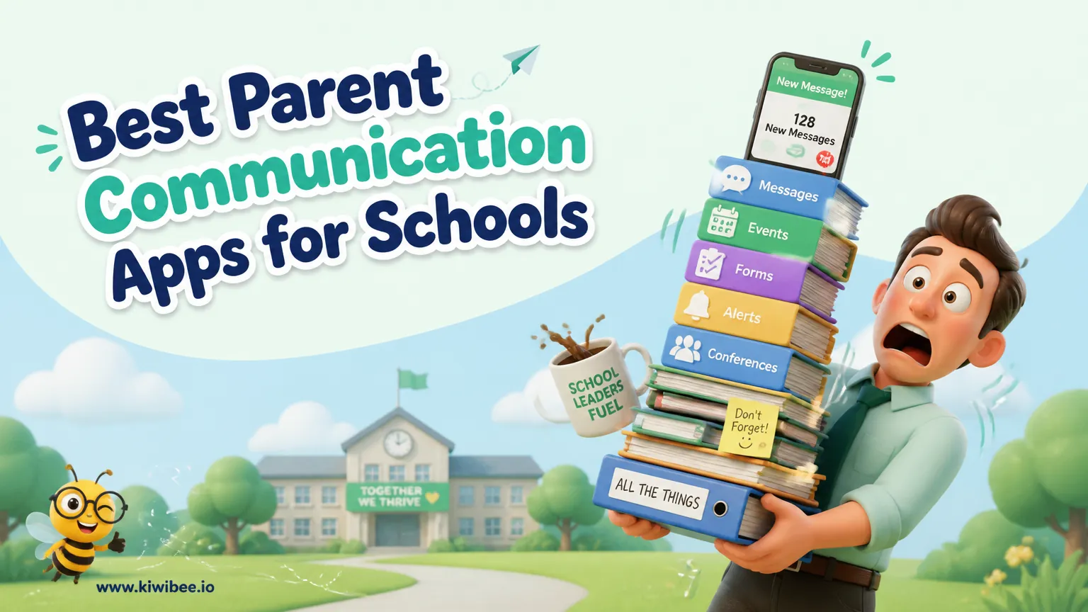 Playful header illustration for the article "Best Parent Communication Apps for Schools in 2026", in KiwiBee's friendly cartoon style with a small bee mascot in the corner.