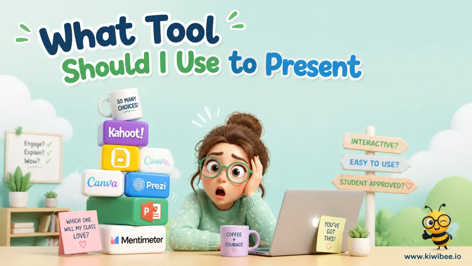 Playful header illustration for the article "What Tool Should I Use to Present My Lessons?", in KiwiBee's friendly cartoon style with a small bee mascot in the corner.