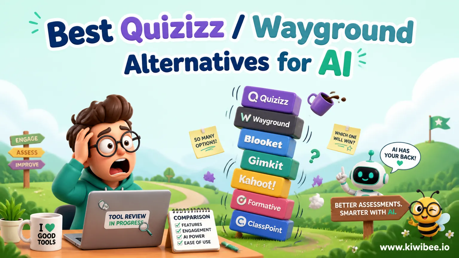 Playful header illustration for the article "Best Quizizz / Wayground Alternatives for AI Assessment", in KiwiBee's friendly cartoon style with a small bee mascot in the corner.