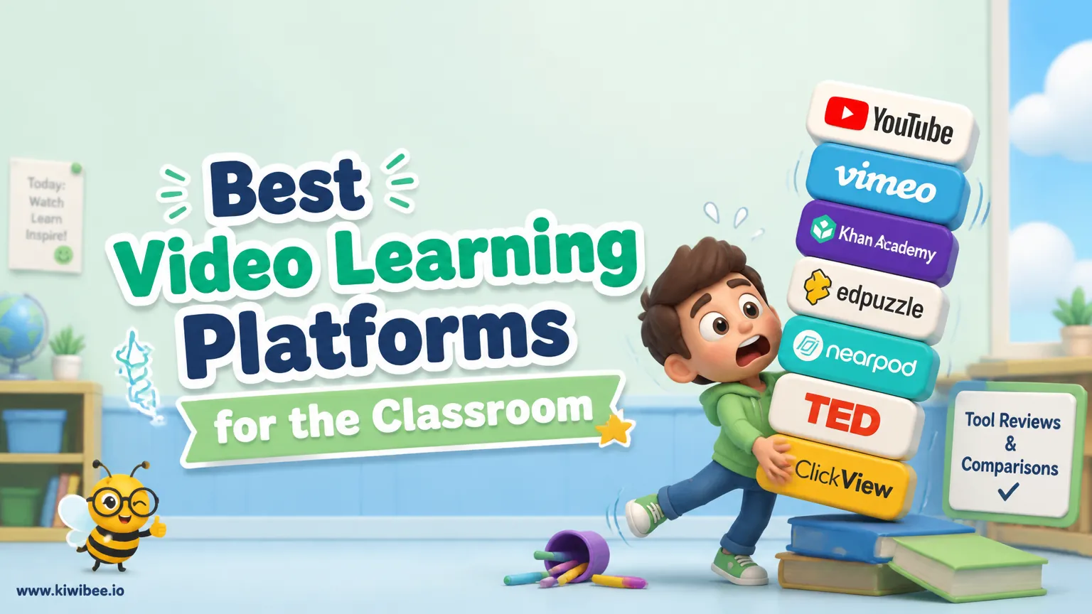 Playful header illustration for the article "Best Video Learning Platforms for the Classroom (2026)", in KiwiBee's friendly cartoon style with a small bee mascot in the corner.