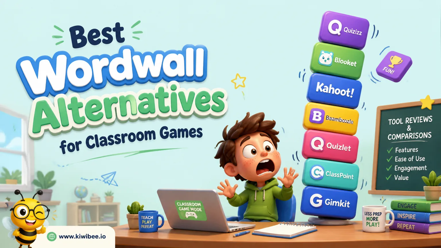 Playful header illustration for the article "Best Wordwall Alternatives for Classroom Games in 2026", in KiwiBee's friendly cartoon style with a small bee mascot in the corner.