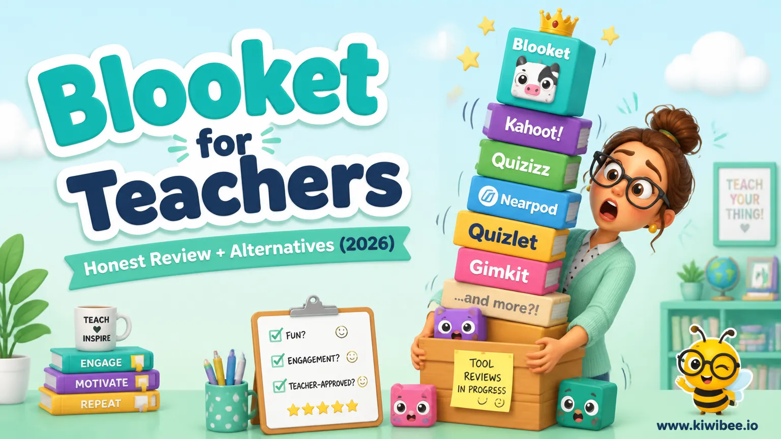 Playful header illustration for the article "Blooket for Teachers: Honest Review + Alternatives (2026)", in KiwiBee's friendly cartoon style with a small bee mascot in the corner.