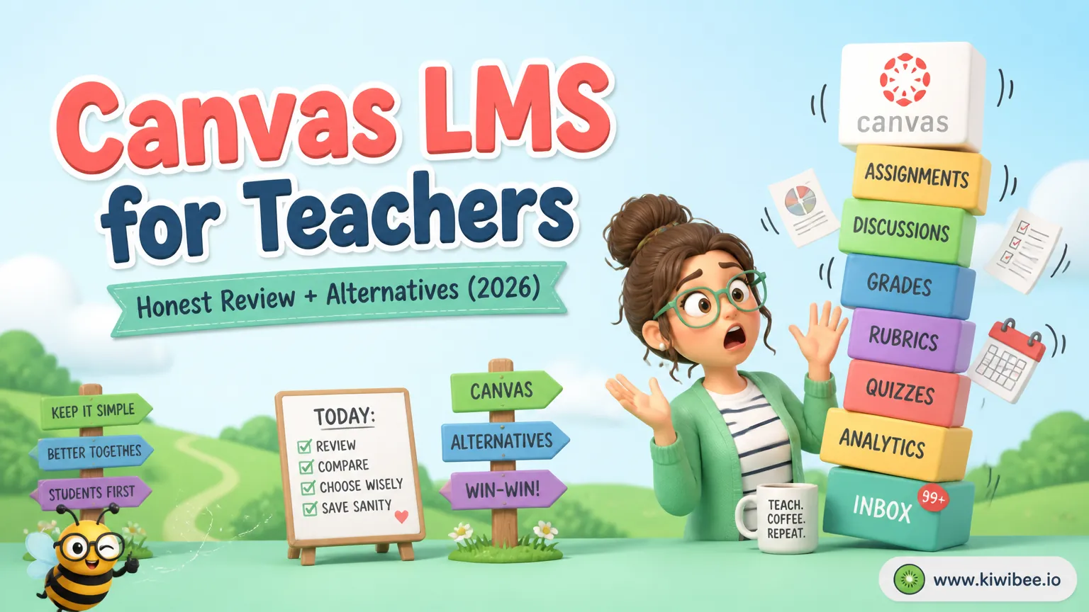 Playful header illustration for the article "Canvas LMS for Teachers: Honest Review + Alternatives (2026)", in KiwiBee's friendly cartoon style with a small bee mascot in the corner.