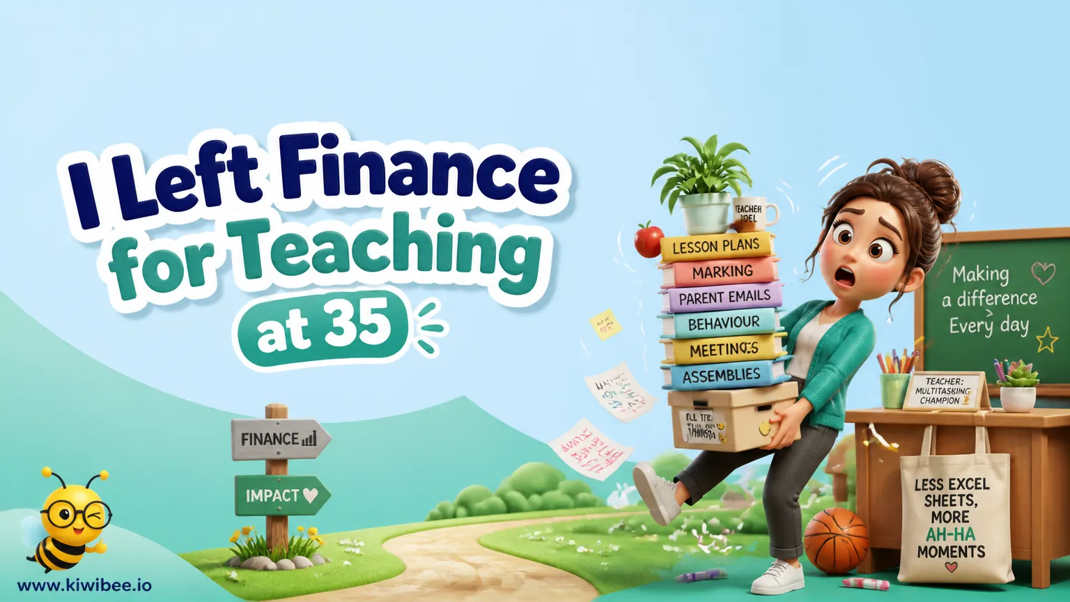 Playful header illustration for the article "I Left Finance for Teaching at 35. Here's What Nobody Warned Me About.", in KiwiBee's friendly cartoon style with a small bee mascot in the corner.