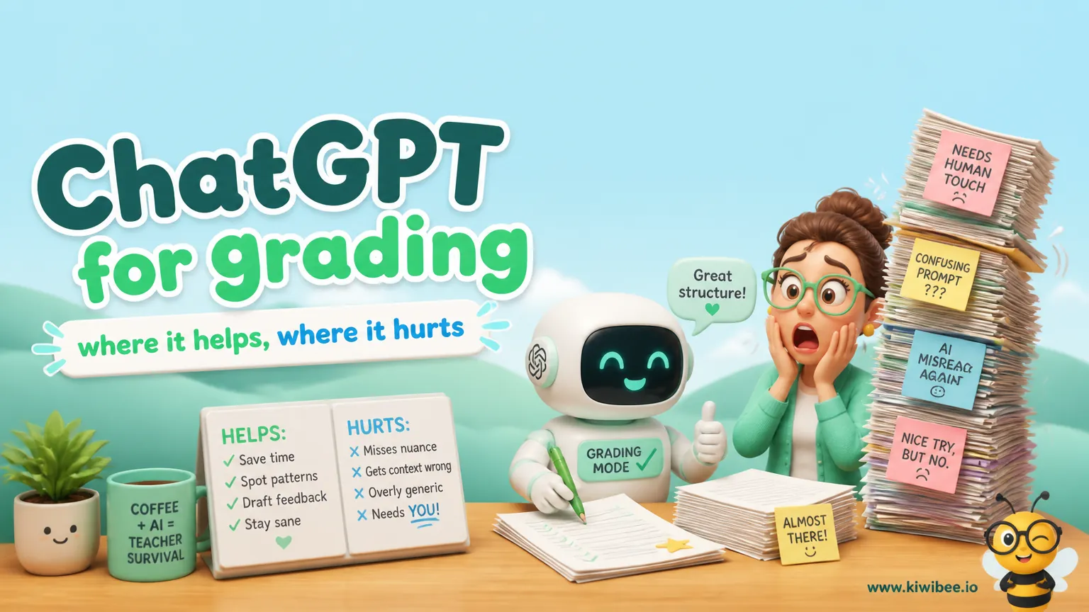Playful header illustration for the article "ChatGPT for grading: where it helps, where it hurts", in KiwiBee's friendly cartoon style with a small bee mascot in the corner.