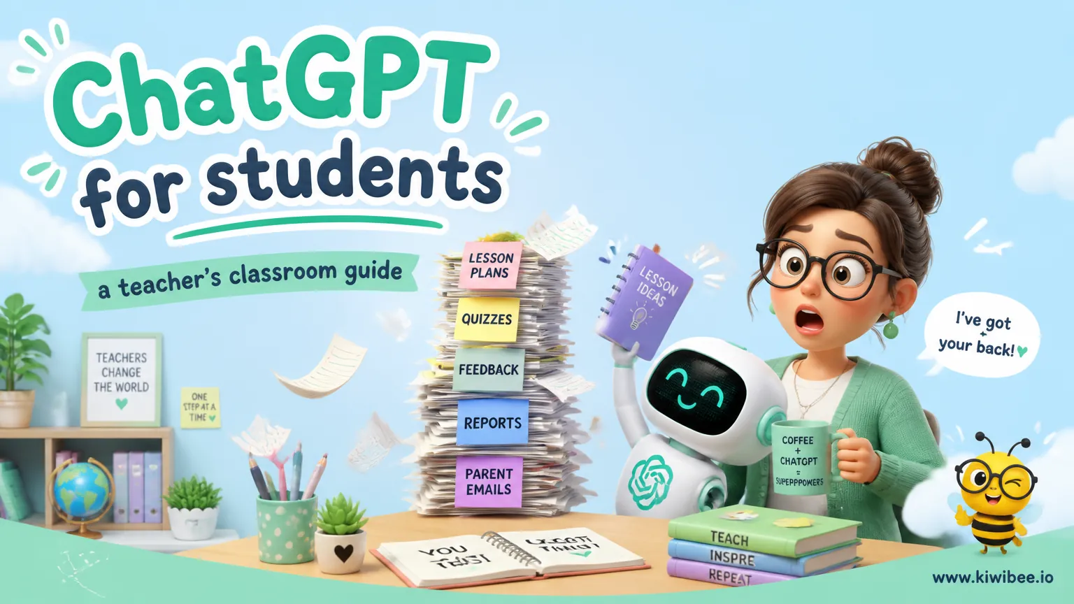 Playful header illustration for the article "ChatGPT for students: a teacher's classroom guide", in KiwiBee's friendly cartoon style with a small bee mascot in the corner.