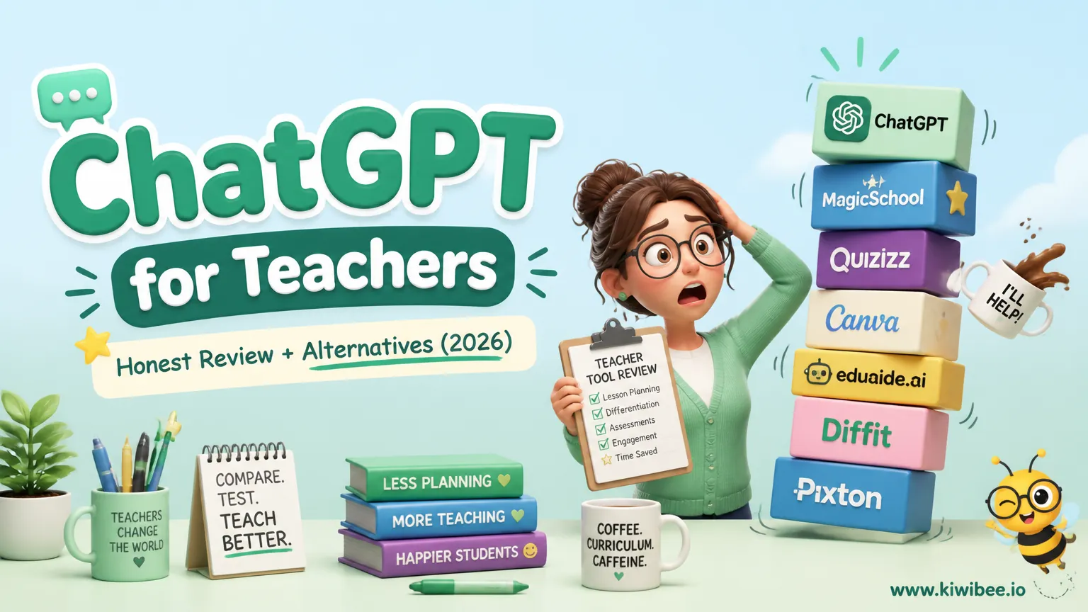 Playful header illustration for the article "ChatGPT for Teachers: Honest Review + Alternatives (2026)", in KiwiBee's friendly cartoon style with a small bee mascot in the corner.
