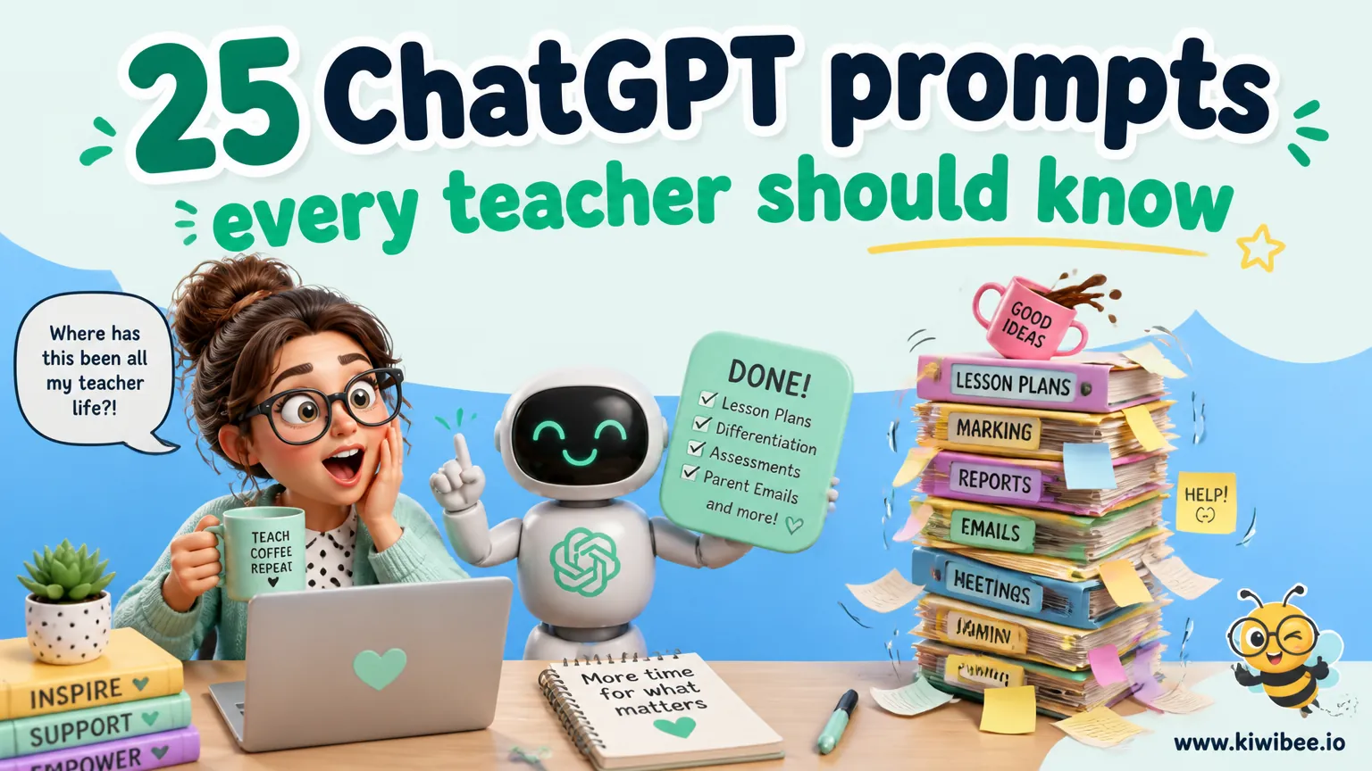 Playful header illustration for the article "25 ChatGPT prompts every teacher should know (2026)", in KiwiBee's friendly cartoon style with a small bee mascot in the corner.
