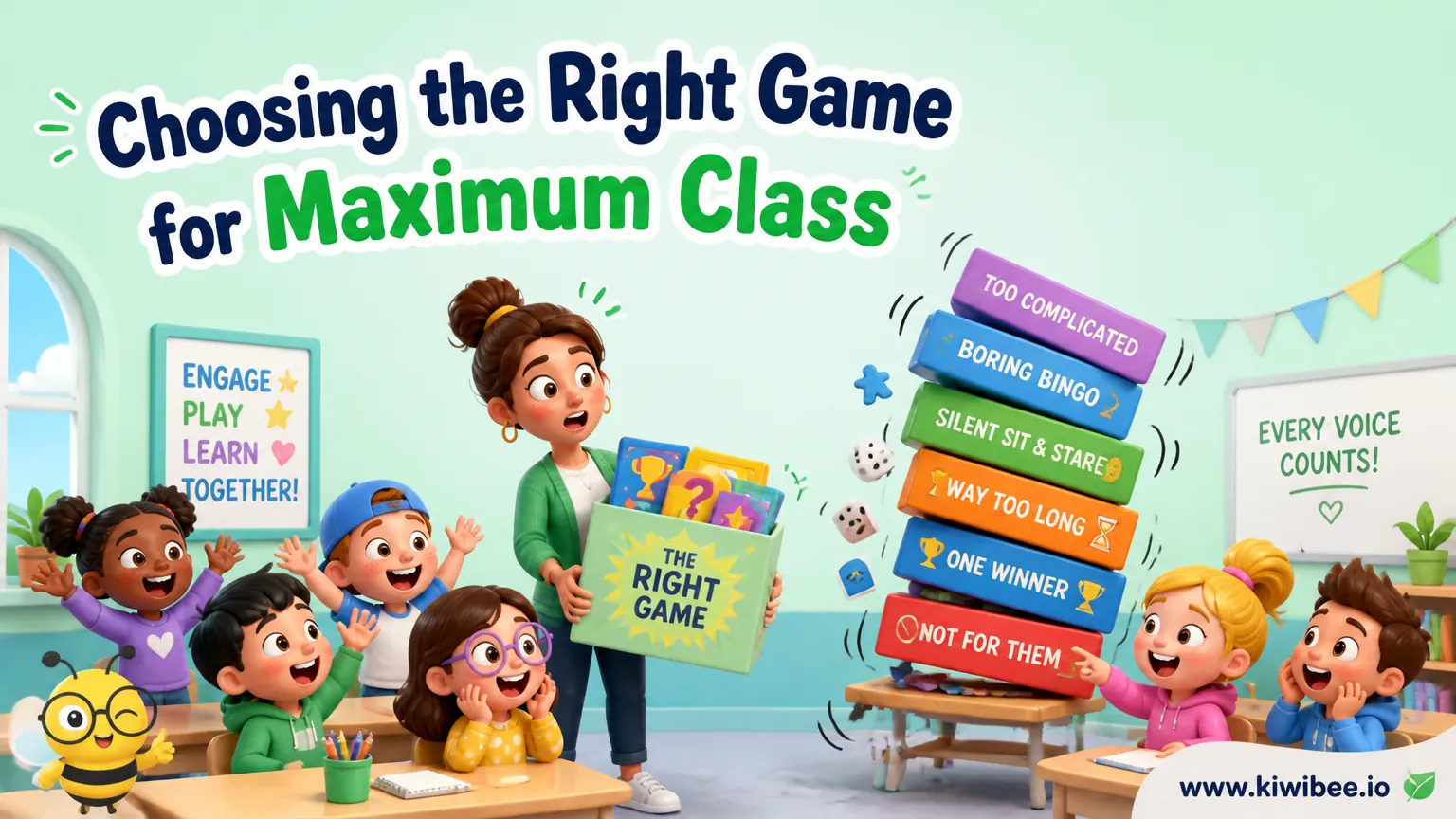 Playful header illustration for the article "Choosing the Right Game for Maximum Class Participation", in KiwiBee's friendly cartoon style with a small bee mascot in the corner.