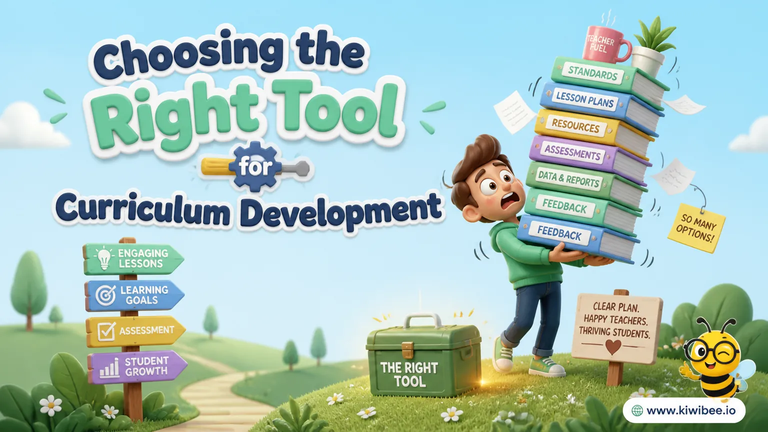 Playful header illustration for the article "Choosing the Right Tool for Curriculum Development and Management", in KiwiBee's friendly cartoon style with a small bee mascot in the corner.