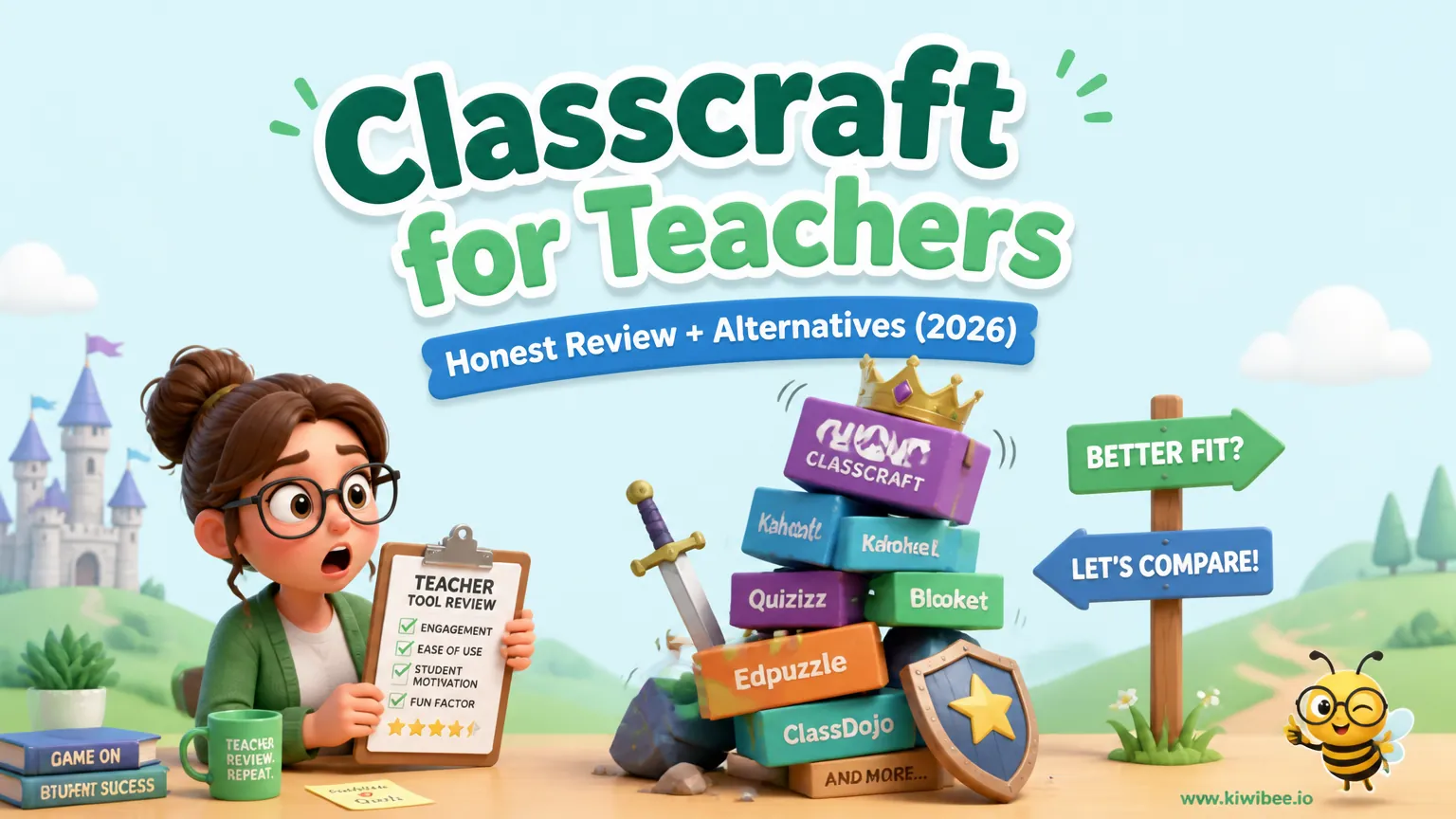 Playful header illustration for the article "Classcraft for Teachers: Honest Review + Alternatives (2026)", in KiwiBee's friendly cartoon style with a small bee mascot in the corner.