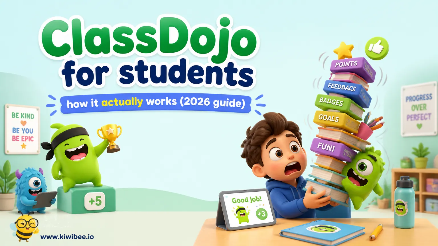 Playful header illustration for the article "ClassDojo for students: how it actually works (2026 guide)", in KiwiBee's friendly cartoon style with a small bee mascot in the corner.