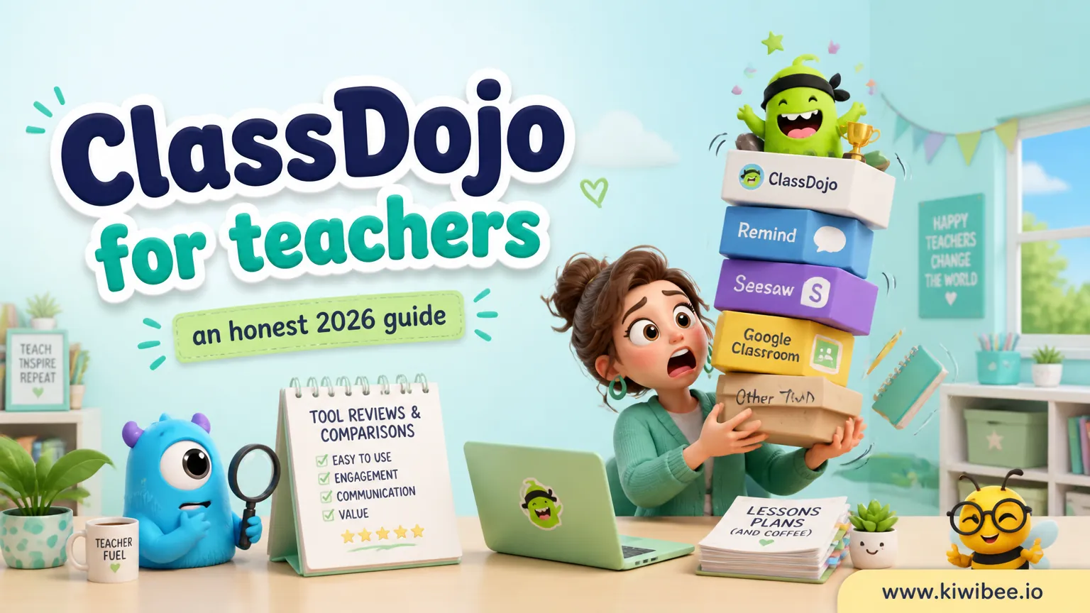 Playful header illustration for the article "ClassDojo for teachers: an honest 2026 guide", in KiwiBee's friendly cartoon style with a small bee mascot in the corner.