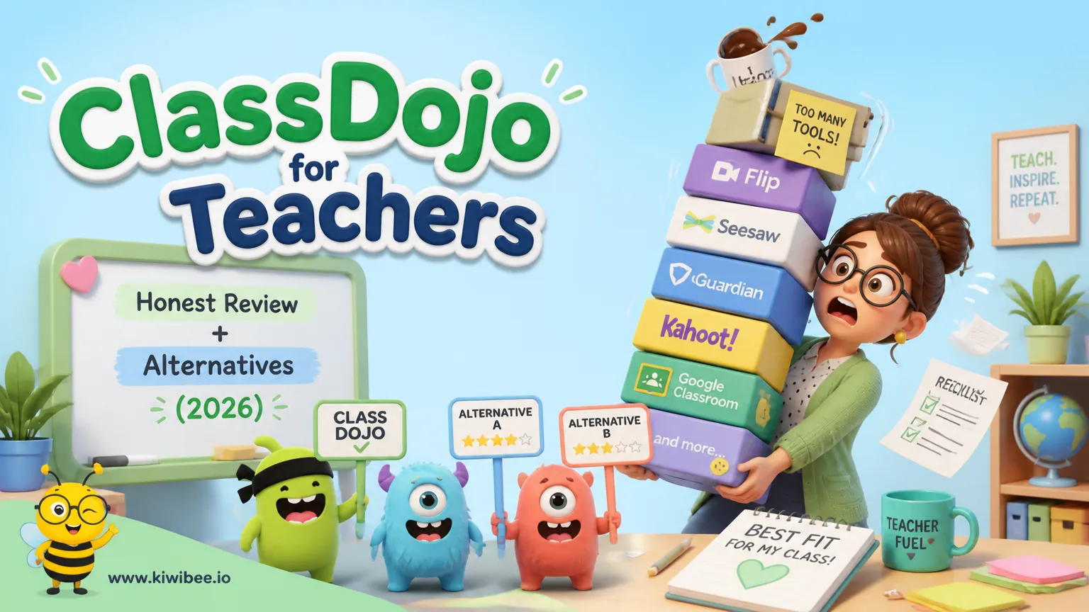 Playful header illustration for the article "ClassDojo for Teachers: Honest Review + Alternatives (2026)", in KiwiBee's friendly cartoon style with a small bee mascot in the corner.