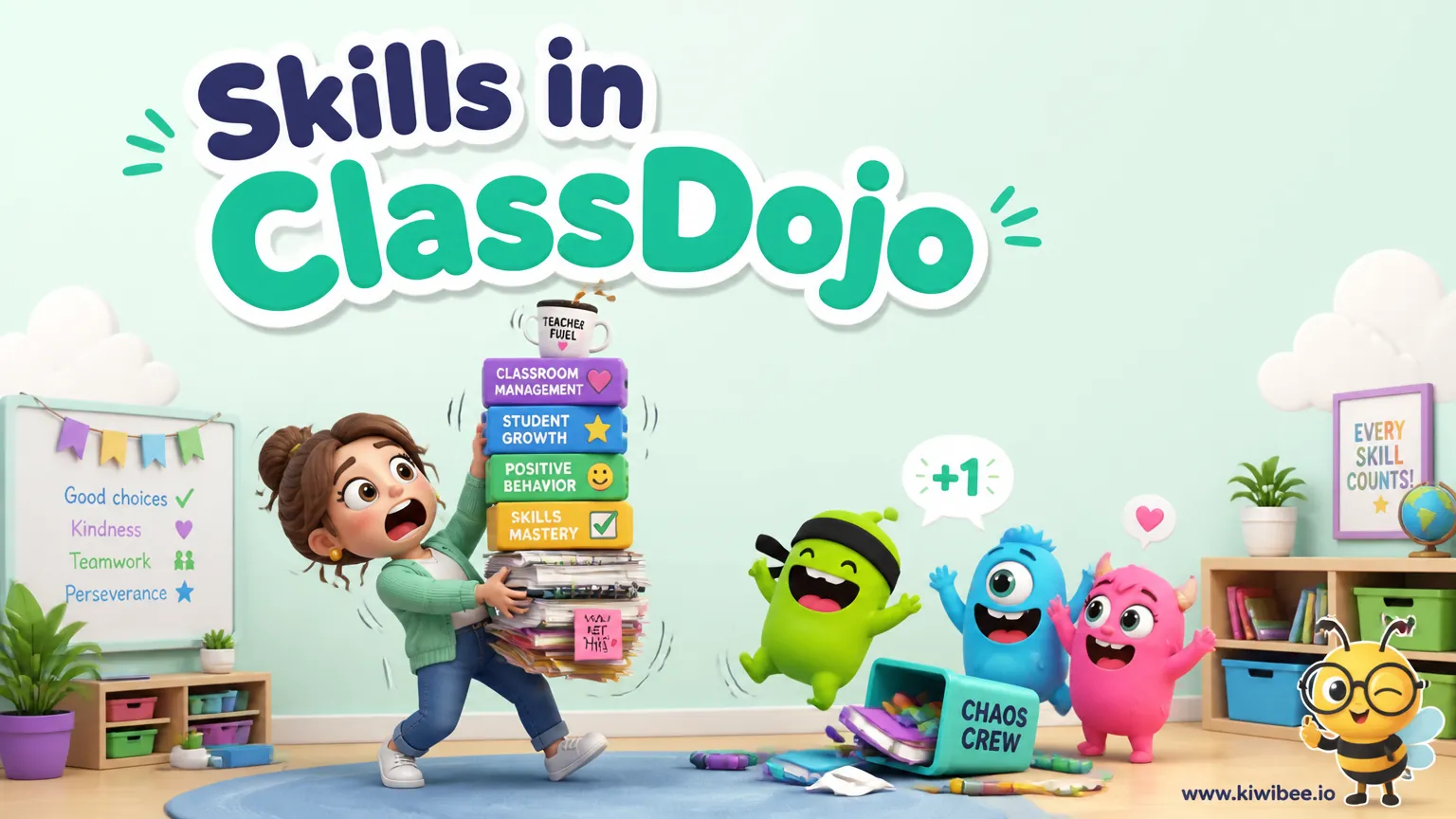 Playful header illustration for the article "Skills in ClassDojo: A Numbering Solution", in KiwiBee's friendly cartoon style with a small bee mascot in the corner.