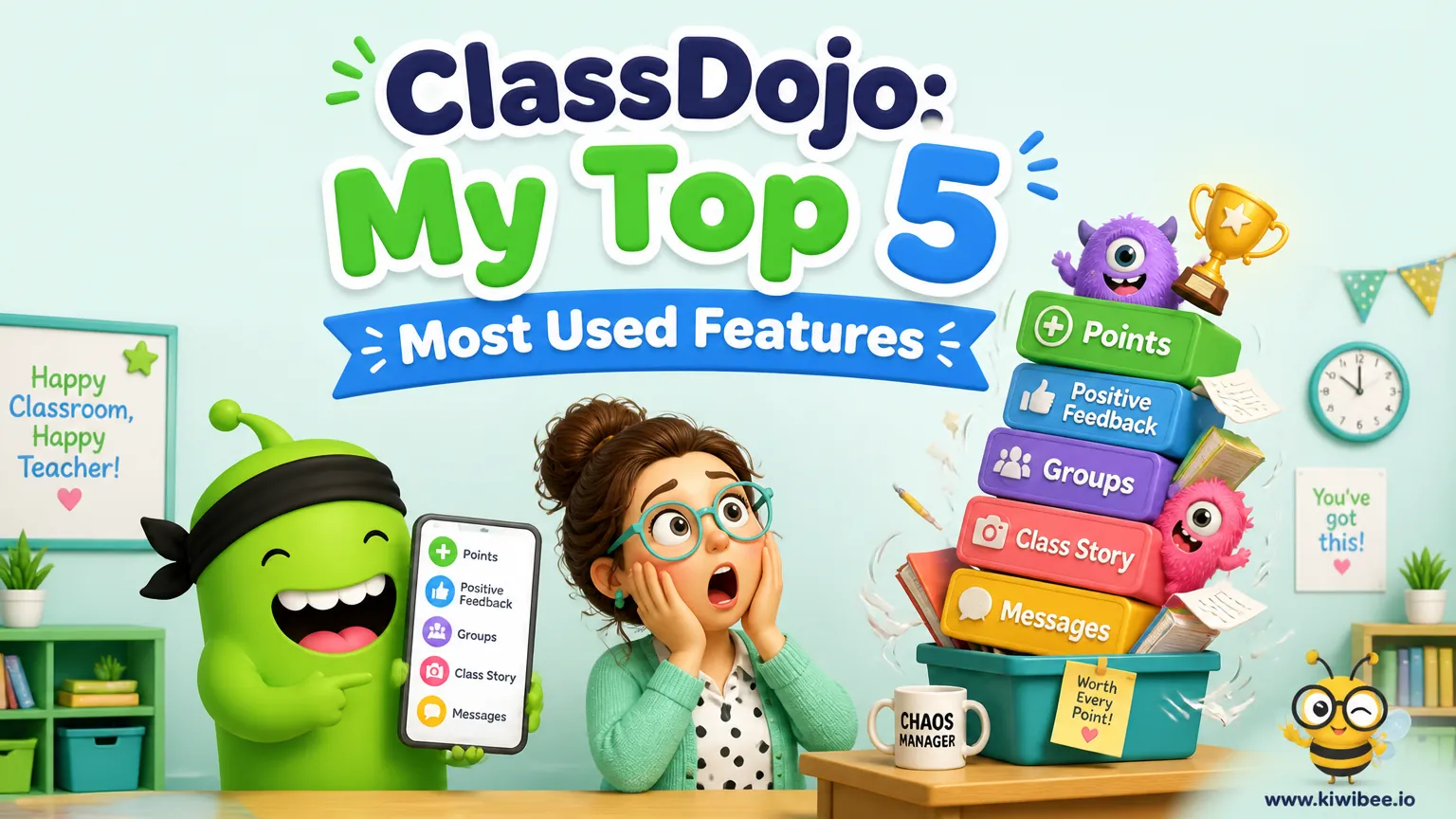 Playful header illustration for the article "ClassDojo: My Top 5 Most Used Features", in KiwiBee's friendly cartoon style with a small bee mascot in the corner.