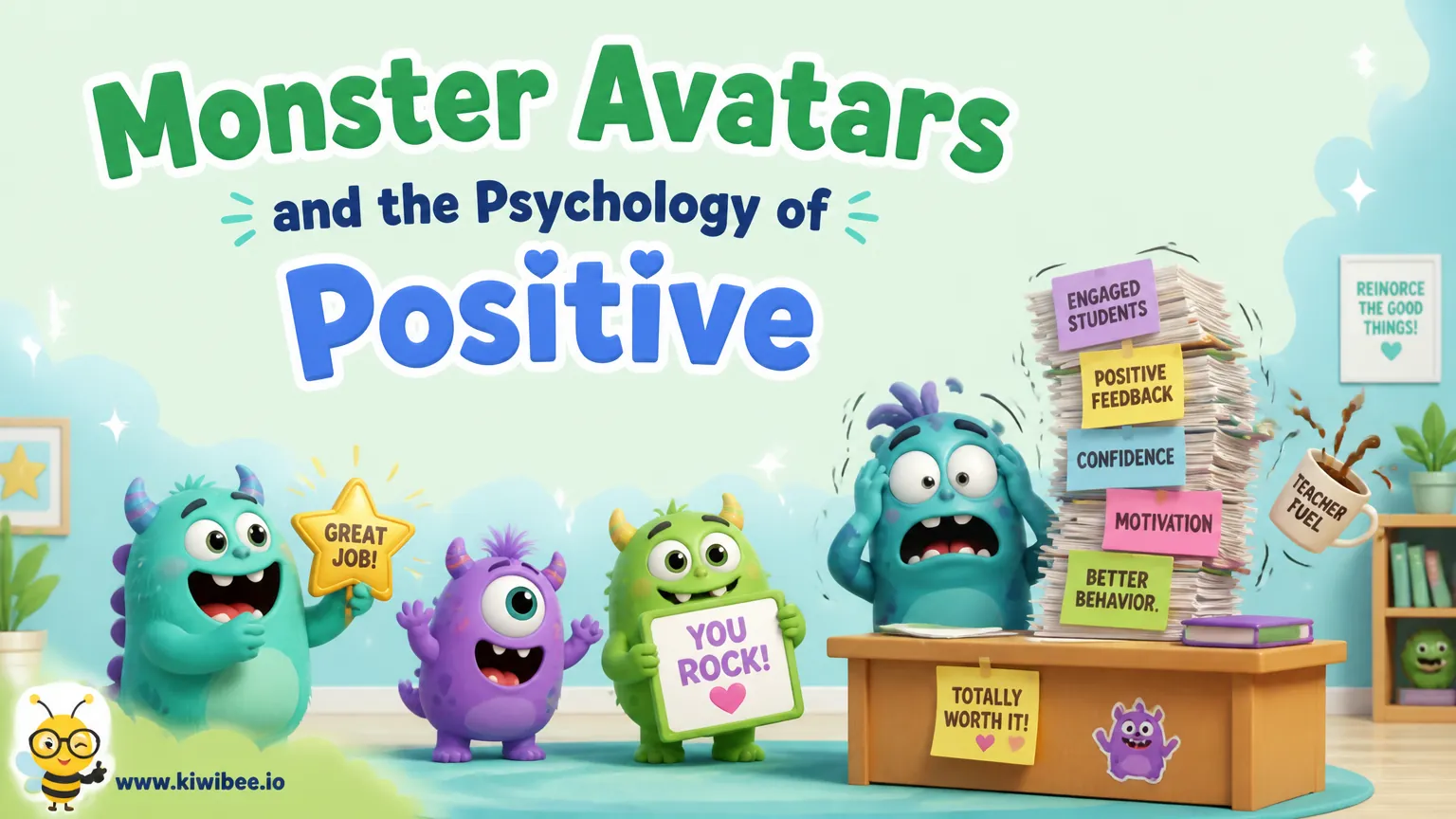 Playful header illustration for the article "Monster Avatars and the Psychology of Positive Reinforcement", in KiwiBee's friendly cartoon style with a small bee mascot in the corner.