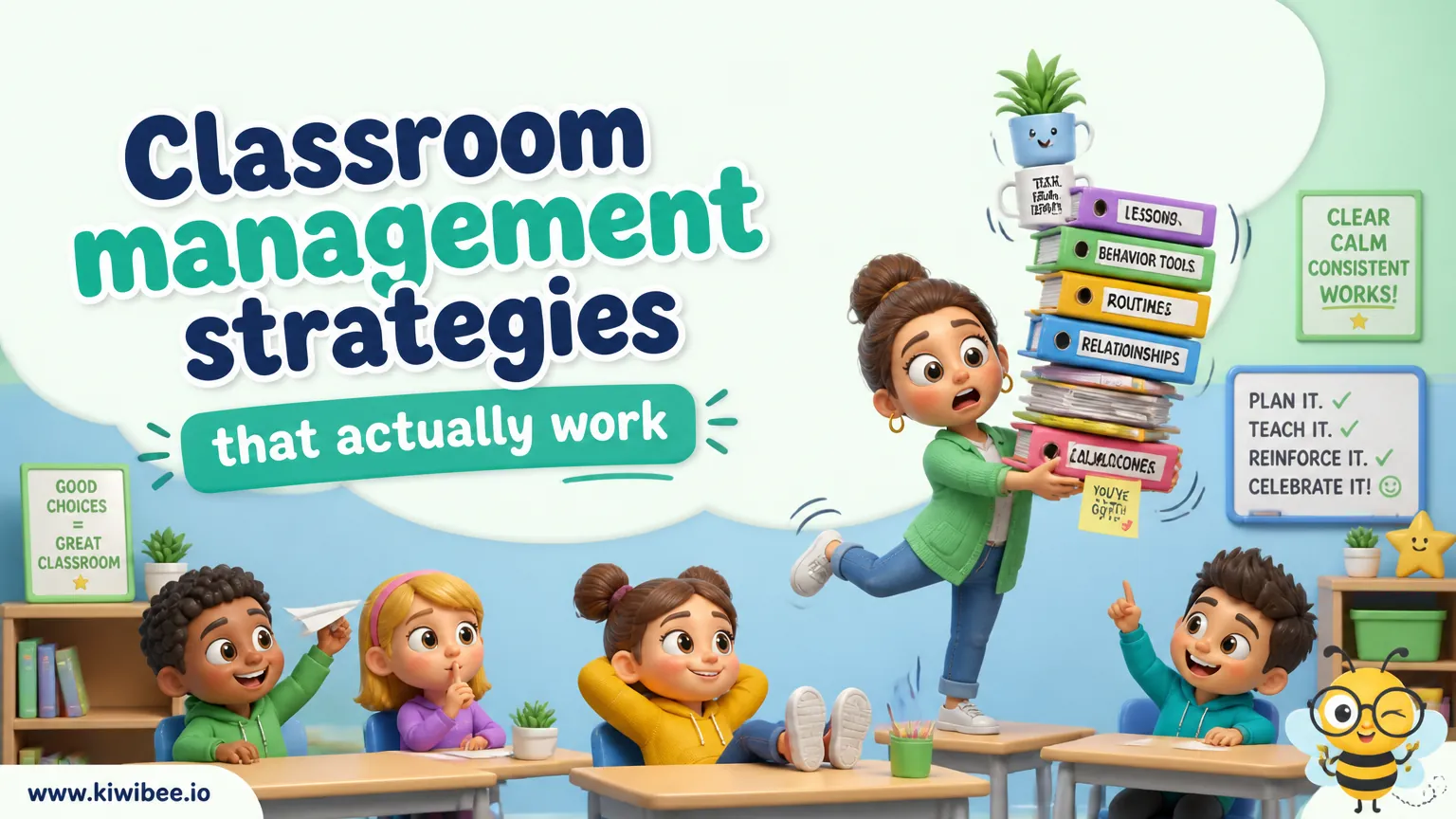 Playful header illustration for the article "Classroom management strategies that actually work in 2026", in KiwiBee's friendly cartoon style with a small bee mascot in the corner.