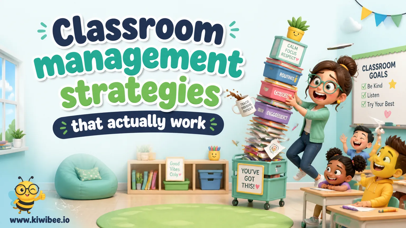 Playful header illustration for the article "Classroom management strategies that actually work in elementary (2026)", in KiwiBee's friendly cartoon style with a small bee mascot in the corner.