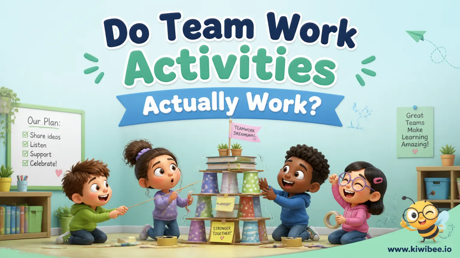 Playful header illustration for the article "Do Team Work Activities Actually Work?", in KiwiBee's friendly cartoon style with a small bee mascot in the corner.