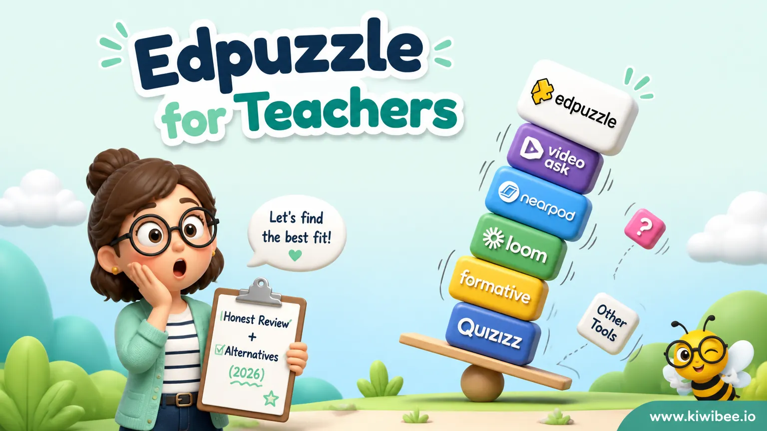 Playful header illustration for the article "Edpuzzle for Teachers: Honest Review + Alternatives (2026)", in KiwiBee's friendly cartoon style with a small bee mascot in the corner.