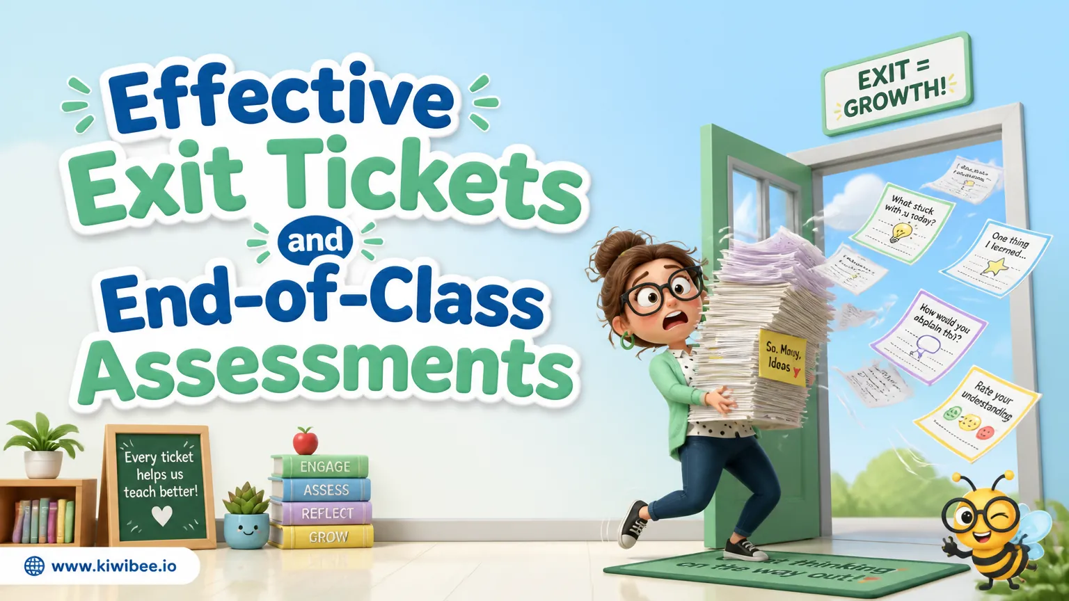Playful header illustration for the article "Effective Exit Tickets and End-of-Class Assessments", in KiwiBee's friendly cartoon style with a small bee mascot in the corner.