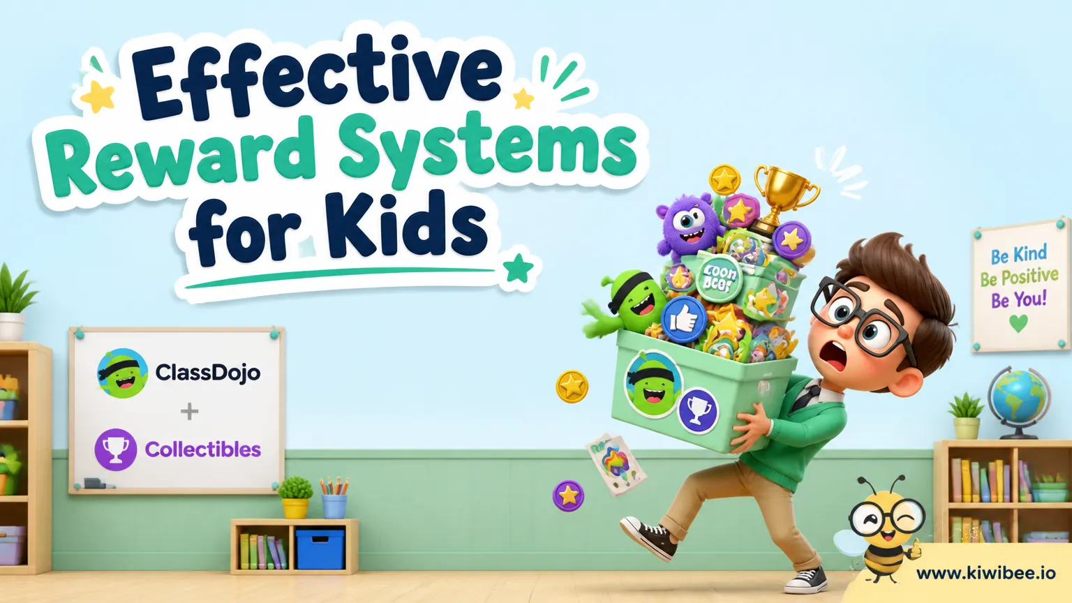 Playful header illustration for the article "Effective Reward Systems for Kids: ClassDojo and Collectibles", in KiwiBee's friendly cartoon style with a small bee mascot in the corner.