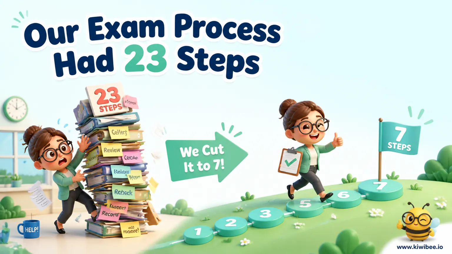 Playful header illustration for the article "Our Exam Process Had 23 Steps — We Cut It to 7", in KiwiBee's friendly cartoon style with a small bee mascot in the corner.