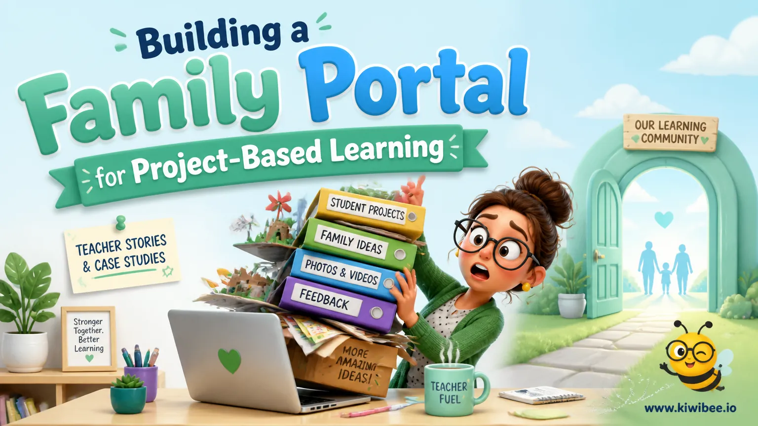 Playful header illustration for the article "Building a Family Portal for Project-Based Learning", in KiwiBee's friendly cartoon style with a small bee mascot in the corner.