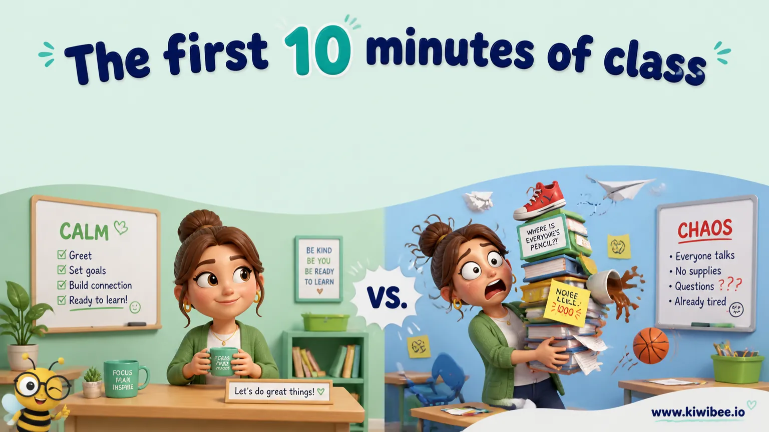 Playful header illustration for the article "The first 10 minutes of class: calm vs chaos", in KiwiBee's friendly cartoon style with a small bee mascot in the corner.