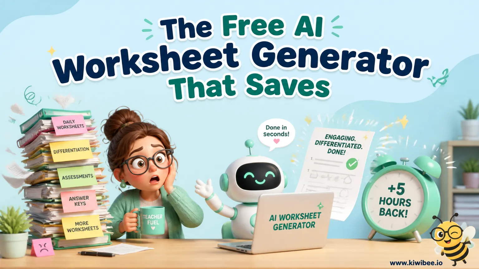 Playful header illustration for the article "The Free AI Worksheet Generator That Saves Teachers 5 Hours a Week", in KiwiBee's friendly cartoon style with a small bee mascot in the corner.