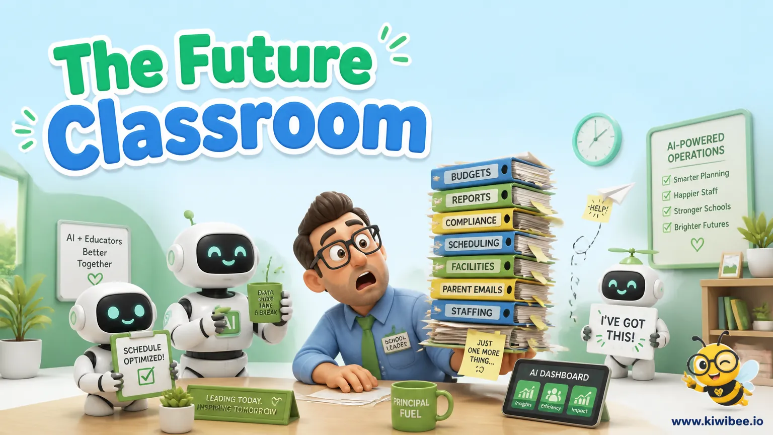 Playful header illustration for the article "The Future Classroom: How AI Will Transform Education", in KiwiBee's friendly cartoon style with a small bee mascot in the corner.