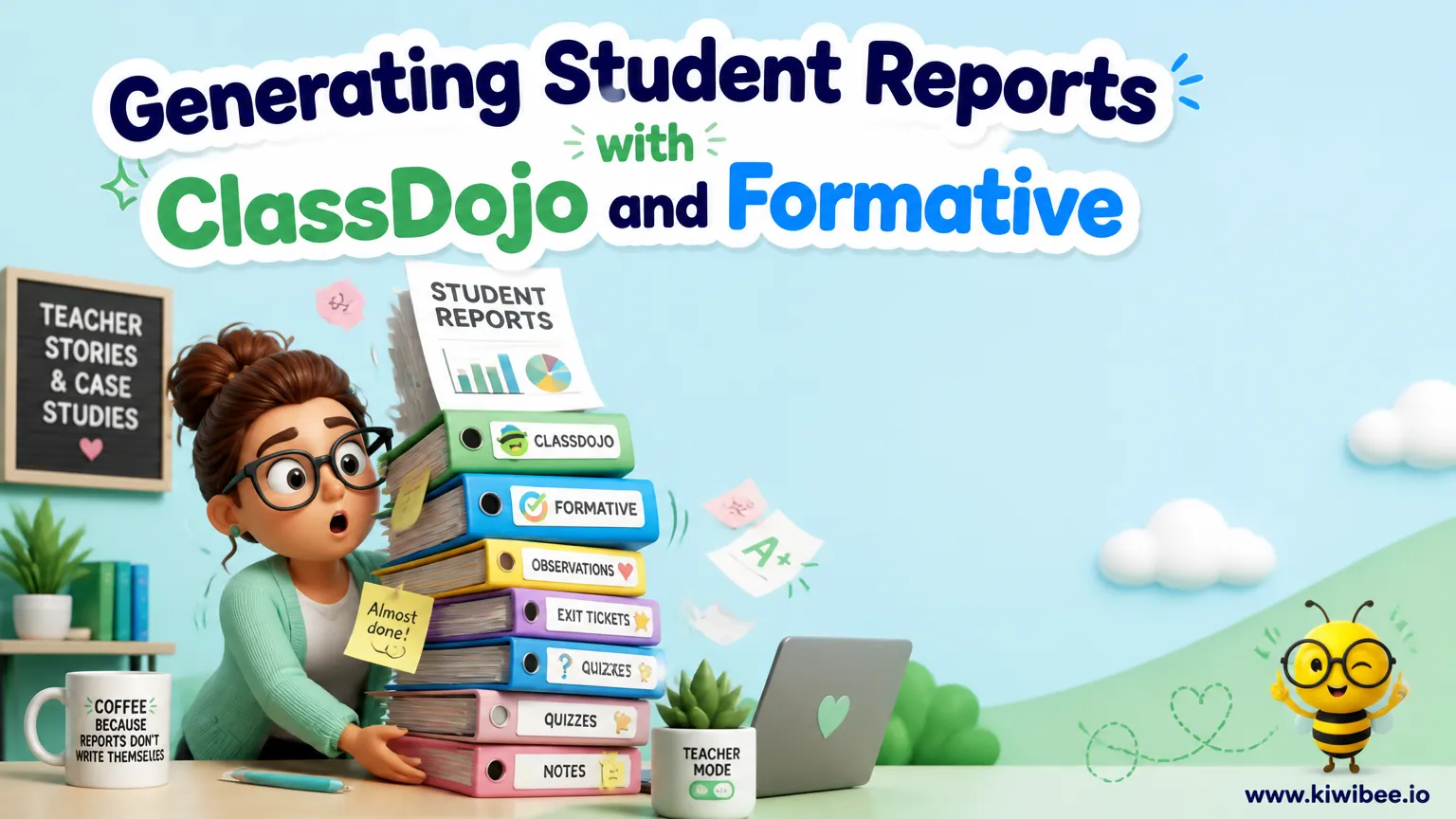 Playful header illustration for the article "Generating Student Reports with ClassDojo and Formative Assessments", in KiwiBee's friendly cartoon style with a small bee mascot in the corner.
