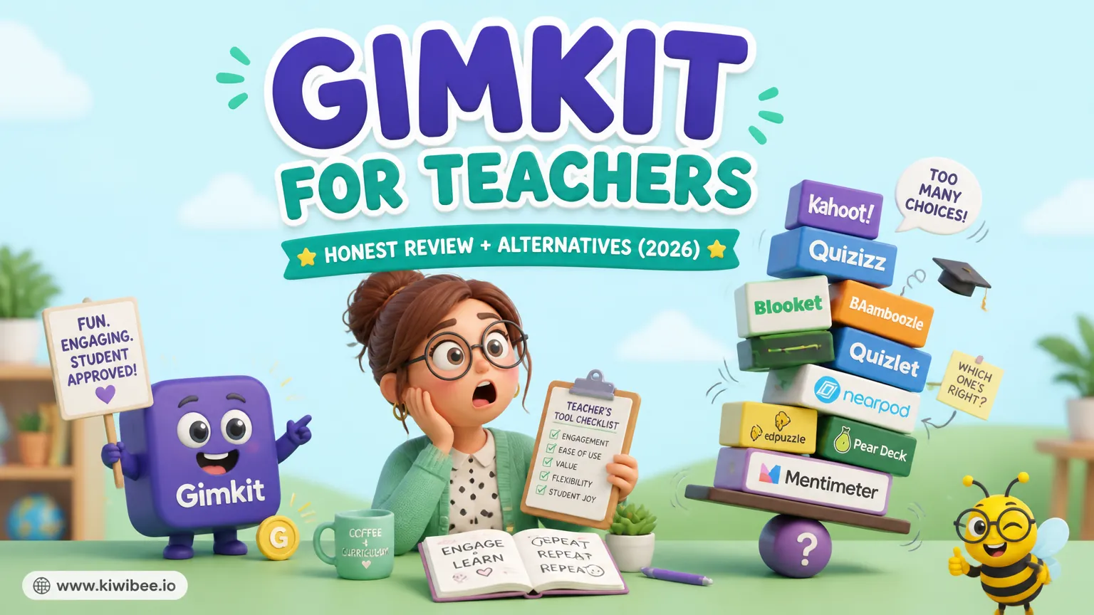 Playful header illustration for the article "Gimkit for Teachers: Honest Review + Alternatives (2026)", in KiwiBee's friendly cartoon style with a small bee mascot in the corner.