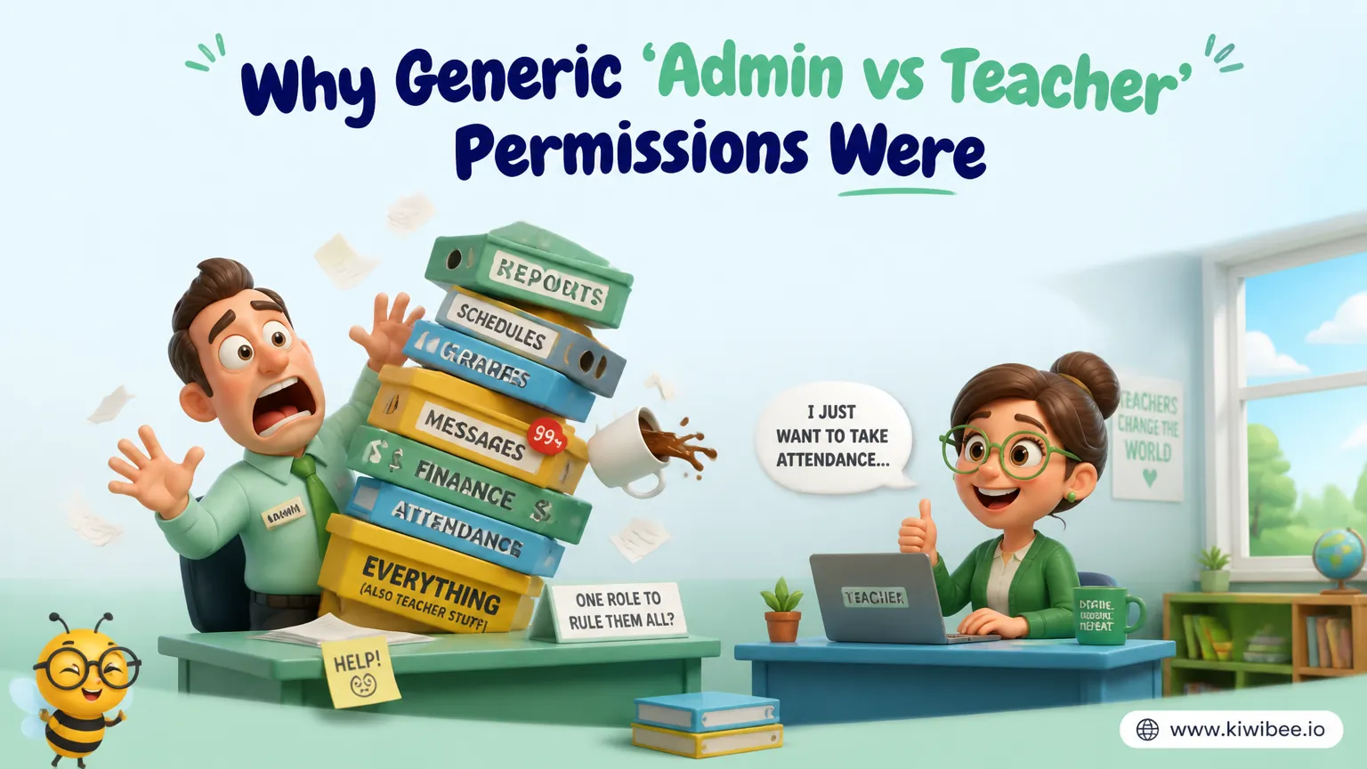 Playful header illustration for the article "Why Generic 'Admin vs Teacher' Permissions Were Killing Our Workflow", in KiwiBee's friendly cartoon style with a small bee mascot in the corner.