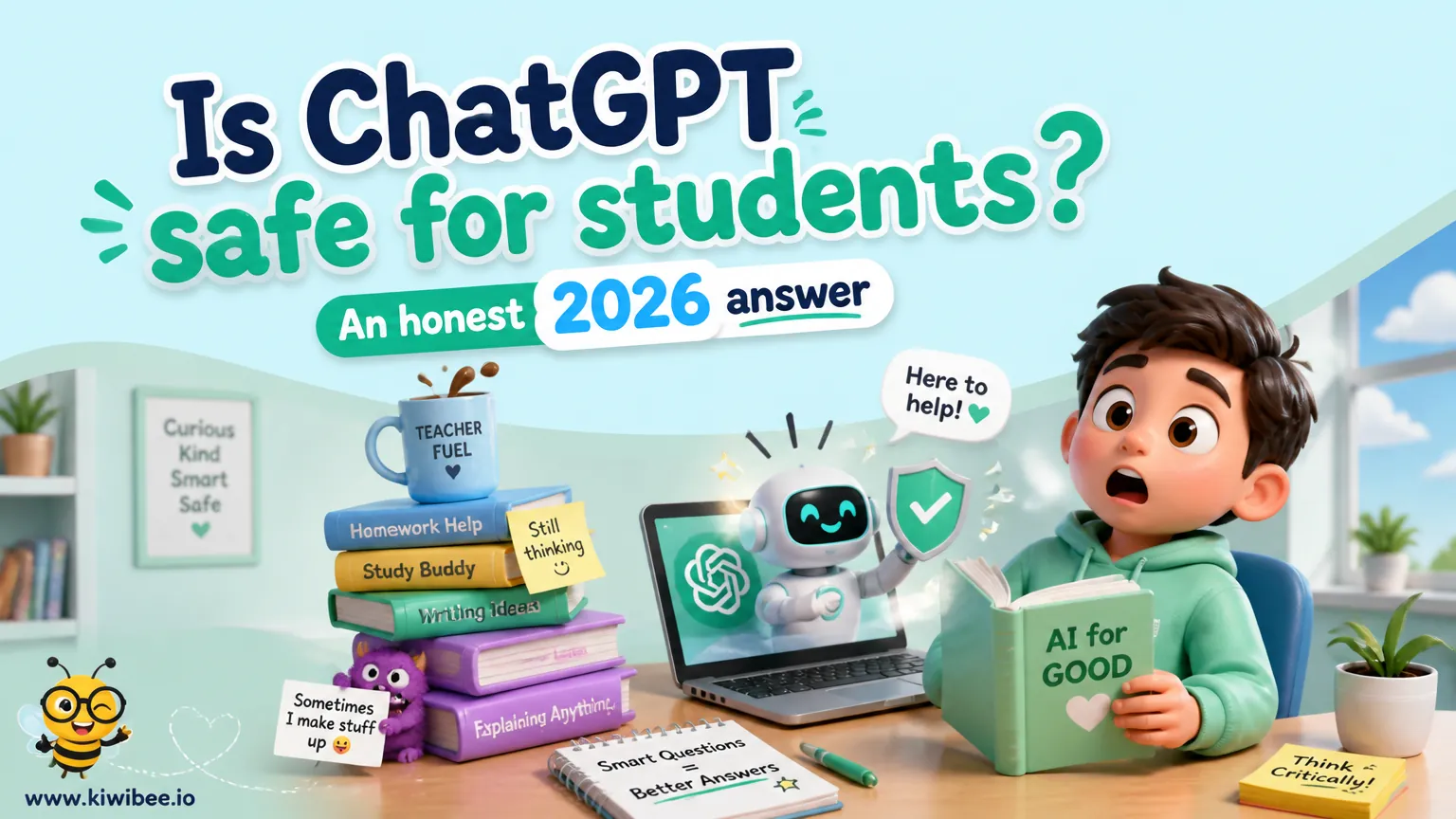 Playful header illustration for the article "Is ChatGPT safe for students? An honest 2026 answer", in KiwiBee's friendly cartoon style with a small bee mascot in the corner.
