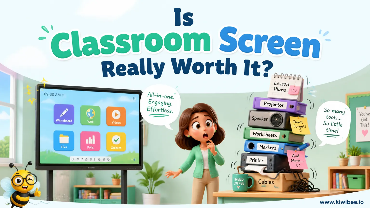 Playful header illustration for the article "Is Classroom Screen Really Worth It?", in KiwiBee's friendly cartoon style with a small bee mascot in the corner.