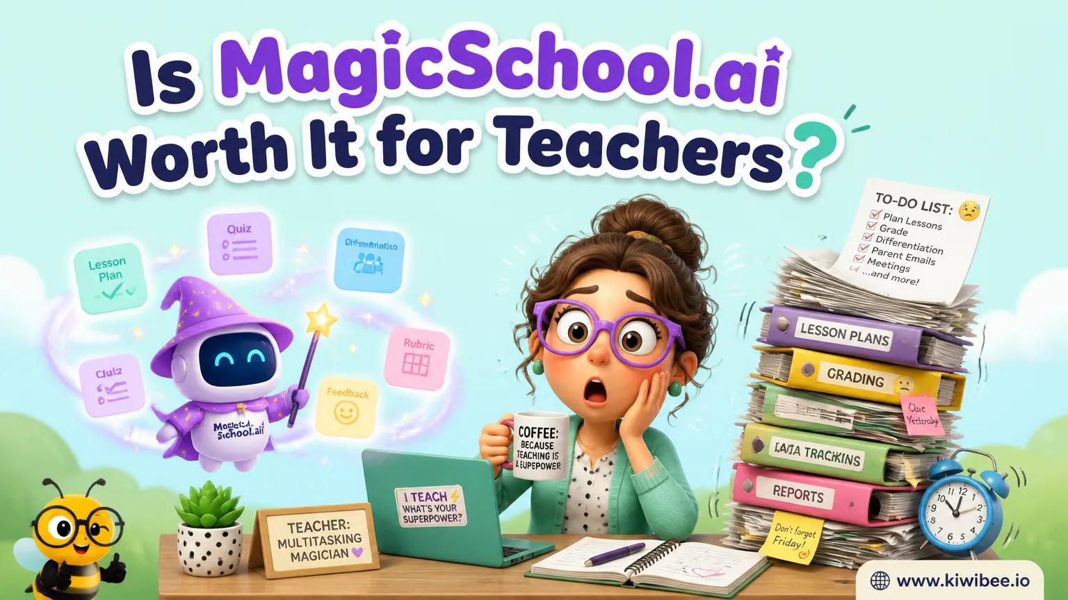 Playful header illustration for the article "Is MagicSchool.ai Worth It for Teachers?", in KiwiBee's friendly cartoon style with a small bee mascot in the corner.